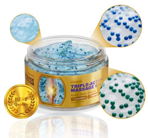 Kinzeno Triple-Action Massage Gel, 2.5 fl oz jar with gold lid, open showing the blue gel with visible microbubbles